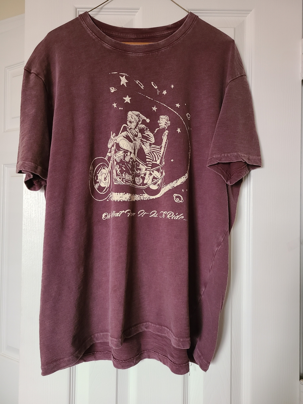 Lucky Brand Men XL Burgundy Santa Skeleton Motorcycle Oh What Fun It Is To Ride